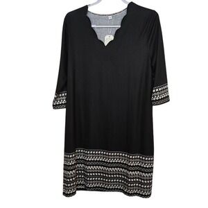 Womens Black Geometric Print Scallop Neck‎ Shift Dress 3/4 Sleeve XL